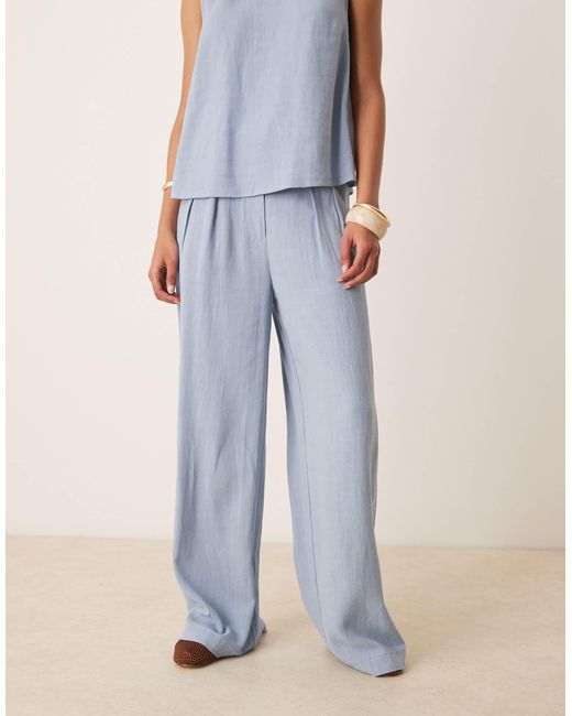 ASOS Blue Pleat Front Wide Leg Trousers With Linen Co-ord