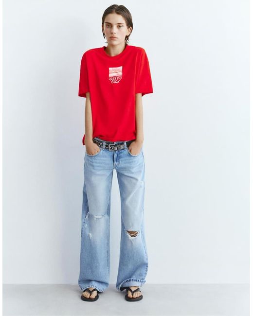Pull&Bear Red T-shirt With Graphic And Slogan