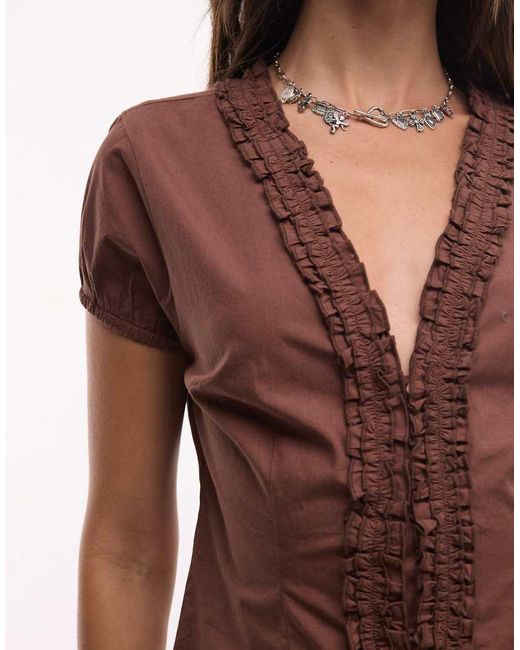 Collusion Brown Frill Detail Short Sleeve Blouse