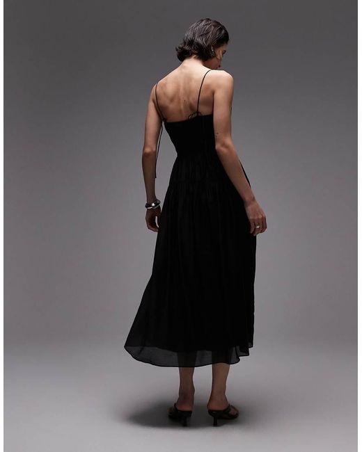 & Other Stories Black Milkmaid Midi Dress With Smocking And Spaghetti Straps
