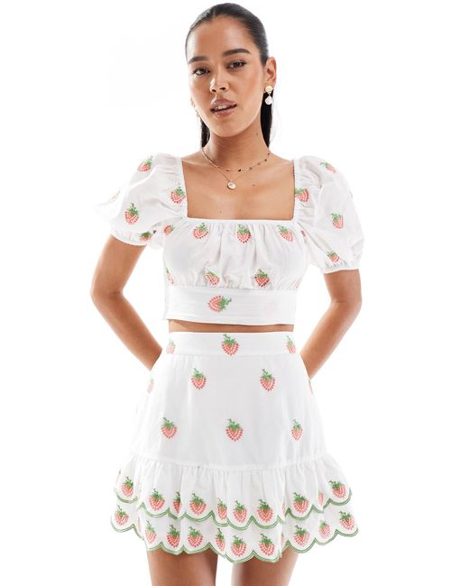 New Look White Co-Ord Strawberry Embroidered Crop Top