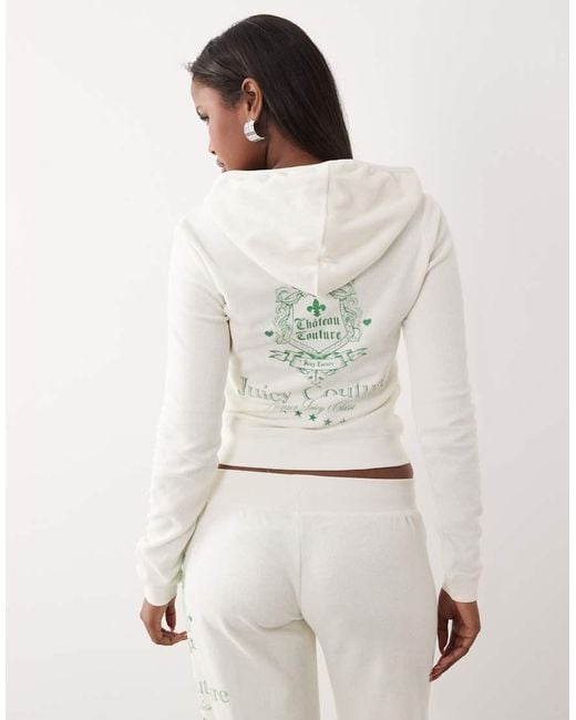 Juicy Couture White Velour Diamante Logo Detail Zip Through Hoodie