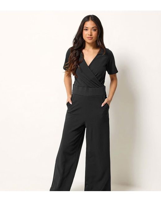 PixieGirl Black Petite Short Sleeve Wide Leg Jumpsuit