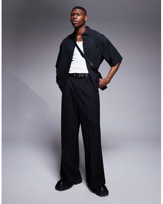 Camisa Negra De Corte Cuadrado Extragrande Con Botones De Presión De Tejido Texturizado De ASOS de hombre de color Blue
