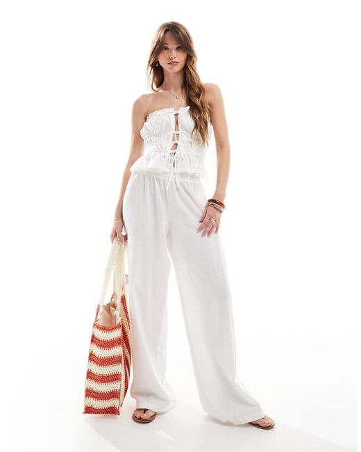 The Frolic White Exclusive Linen Blend Wide Leg Shirred Waist Beach Trouser Co-ord