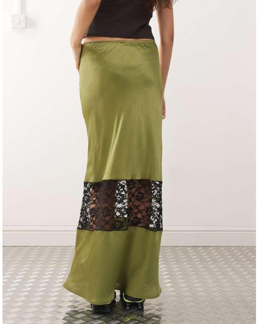 Reclaimed Vintage Green Satin Midi Skirt With Lace Insert