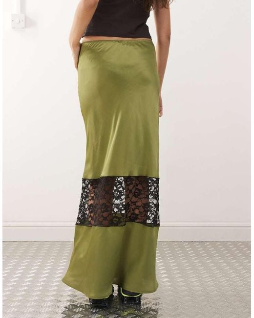 Reclaimed (vintage) Green Satin Midi Skirt With Lace Insert