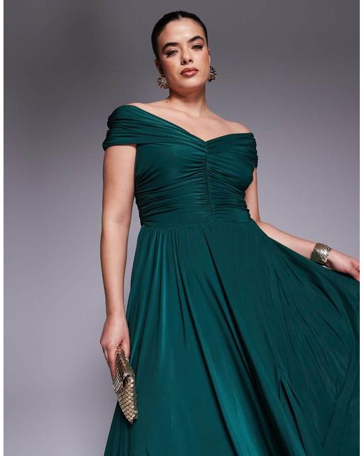 Goddiva Green Curve Gathered Bardot Bodice Front Split Maxi Dress