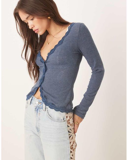 Free People Blue Big Love Lace Edge Cardigan