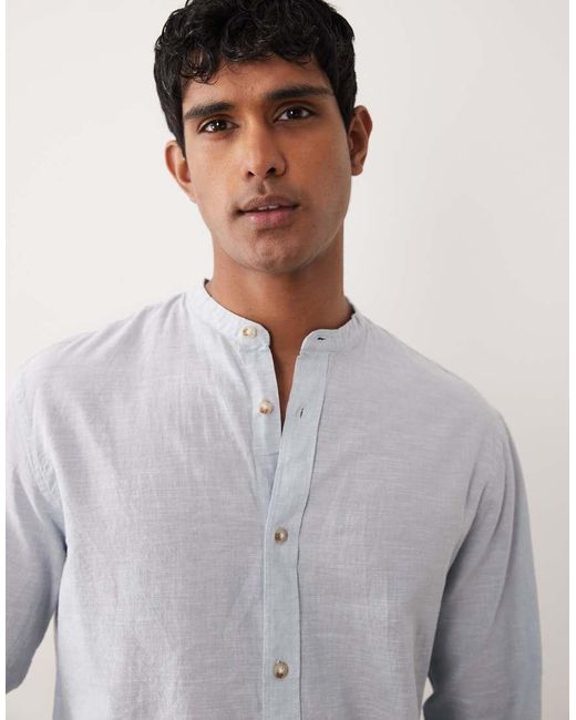 Jack & Jones Gray Stand Collar Linen Blend Long Sleeve Shirt for men