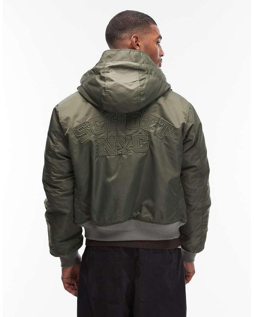 Schott Nyc Gray Tonal Logo Hooded Cropped Padded Jacket for men