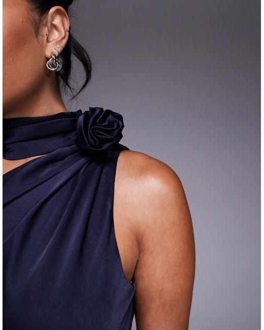 jarlo one shoulder maxi dress Jarlo One Shoulder Satin Maxi Dress With Corsage Neck Detail in Blue