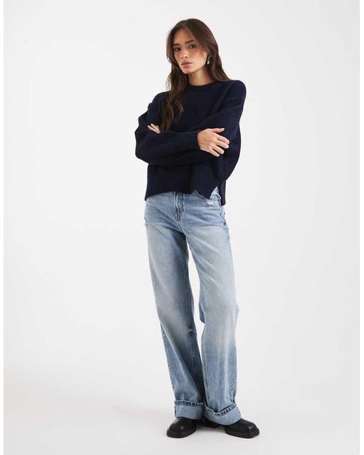 ASOS Blue Boxy Crew Neck Jumper With Side Split Detail