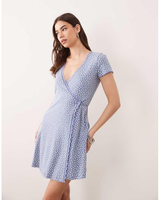 Miss Selfridge Blue Ditsy Print Pointelle Lace Trim Wrap Dress