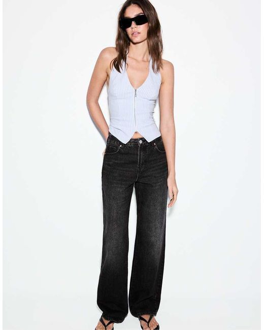 Stradivarius Gray Petite D92 Straight Wide-leg Jeans