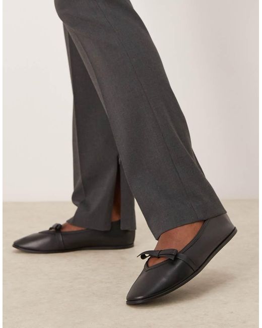 Free People Gray Soft Leather Bow Detail Flat Ballet Pumps