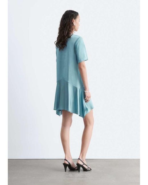 & Other Stories Blue Drop Waist Satin Mini Dress With Hanky Hem