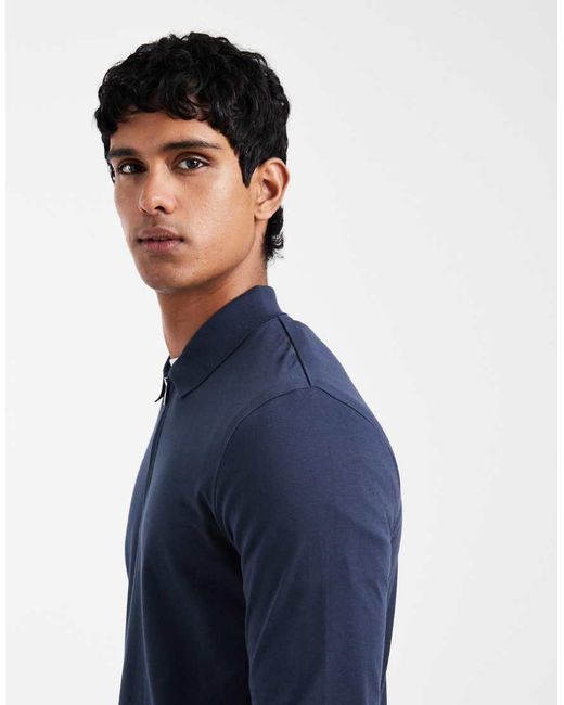ASOS Blue Premium Supima Cotton Regular Fit Long Sleeve Polo for men