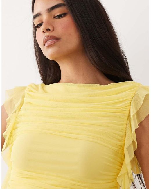 ASOS Yellow Mesh Cascading Frill Mini Dress With Ruching