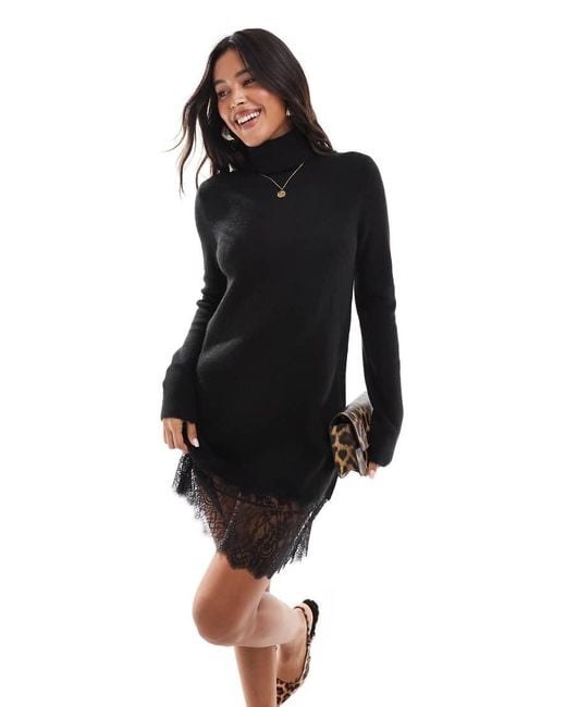 Morgan Black Knit Roll Neck Mini Jumper Dress With Contrast Lace Hem