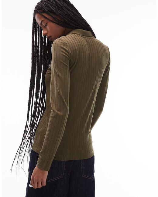 ARKET Black Stretch Jersey Rib Top With Deep Placket Polo Collar