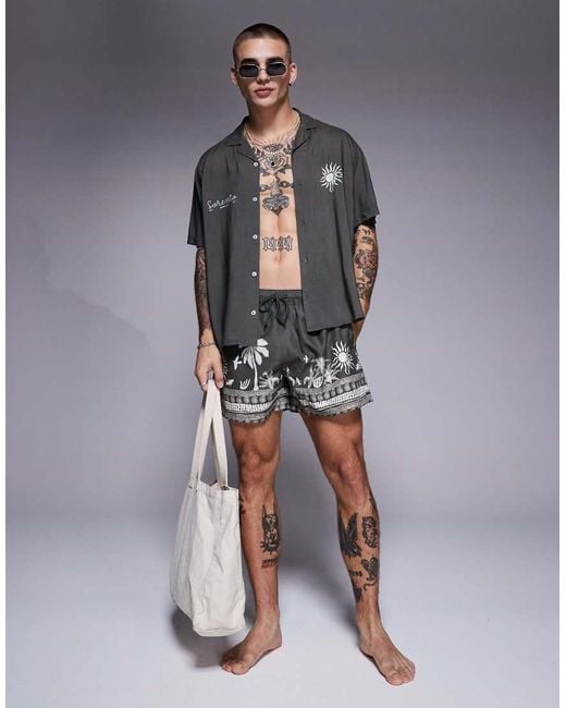 Camisa De Corte Cuadrado Con Cuello De Solapas Y Estampado Veraniego De (Parte De Un Conjunto) ASOS de hombre de color Gray
