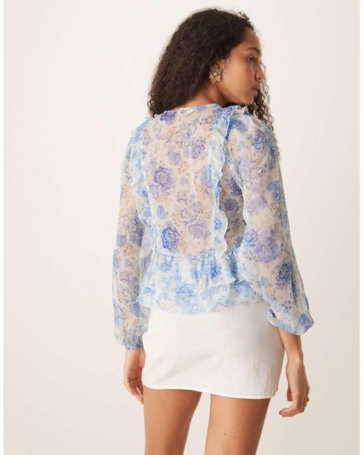Mango Blue Tie Detail Long Sleeve Flouncy Floral Print Blouse With Ruffle Detail