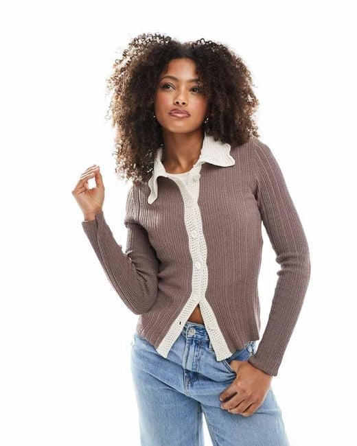 ASOS Multicolor Knitted Cardigan With Contrast Crochet Collar