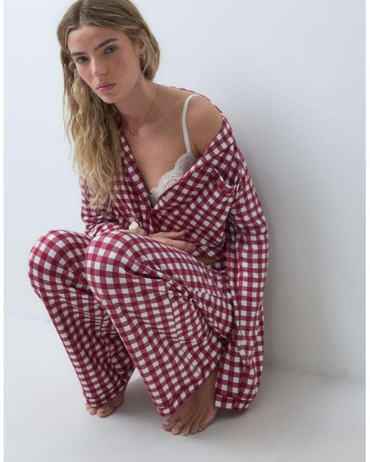 Loungeable Red Camp Collar Button Up Shirt And Pants Pajama Set