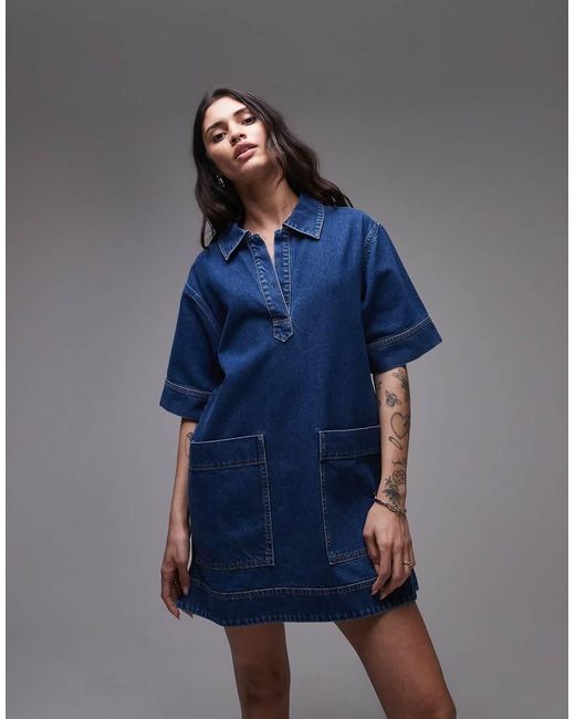 TOPSHOP Blue Denim Mini Pullover Short Sleeved Rugby Dress Mid