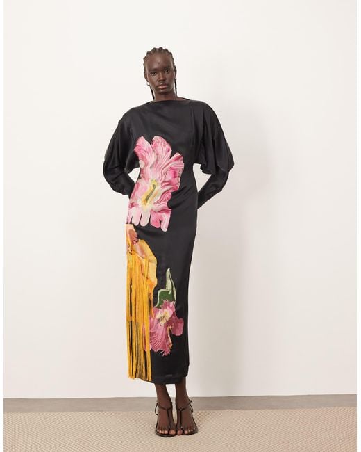 ARRANGE Natural Dripping Floral Embroidered Strong Shoulder Open Back Maxi Dress