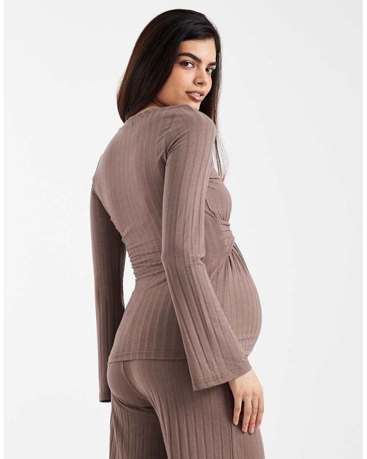 Mama.licious Brown Mamalicious Maternity Tie Detail Long Sleeve Ribbed Top Co-ord