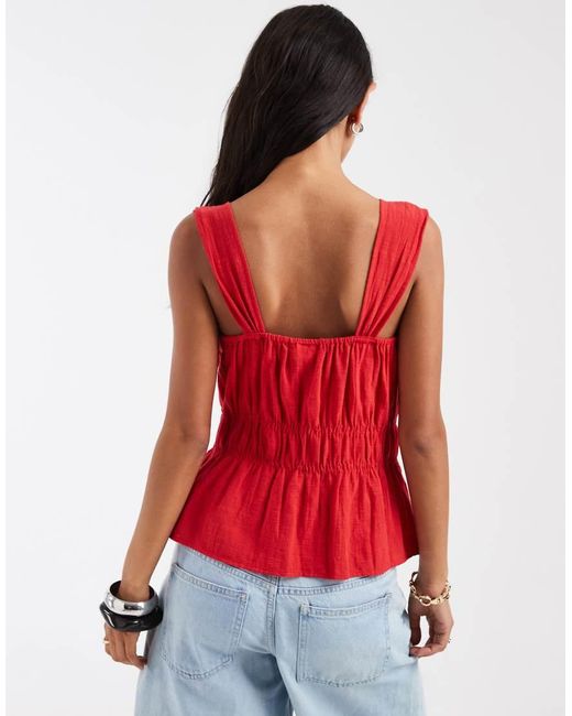 Pieces Red Wide Strap Cotton Smocked Top