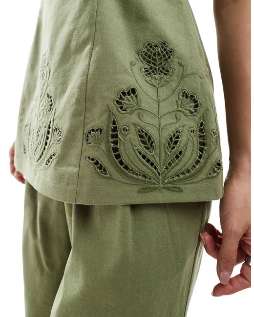 Bandeau long d'ensemble avec fleurs ajourées en lin mélangé - olive 4th & Reckless en coloris Green