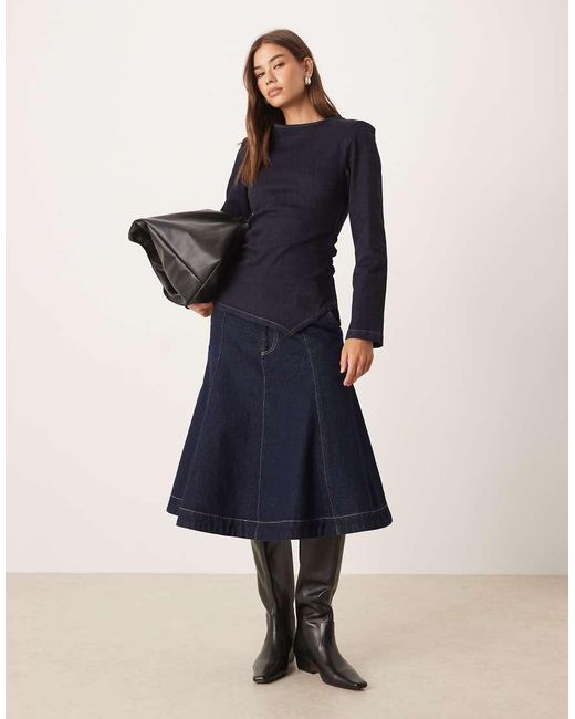 ASOS Blue Cinched Waist Denim Long Sleeve Top With Shoulder Pads