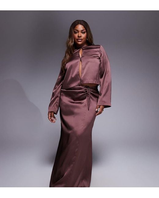 ASOS Brown Asos Design Curve Ruched Detail Satin Co-Ord Maxi Skirt
