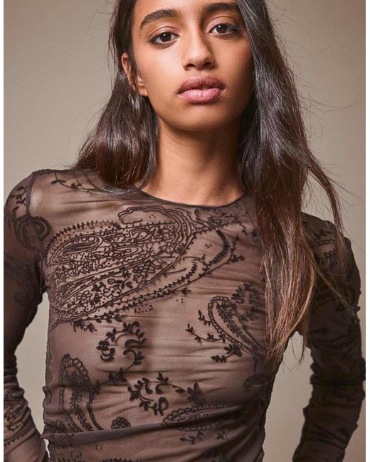 Bershka Brown Long Sleeve Asymmetric Tulle T-shirt