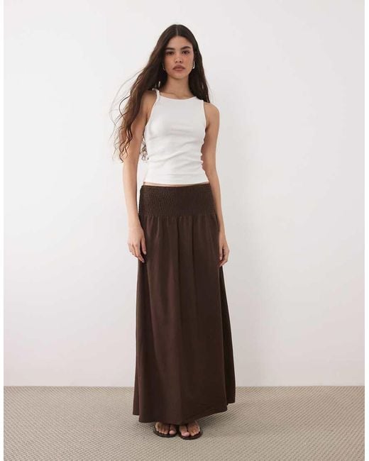 ASOS Brown Linen Blend Shirred Waist Maxi Skirt