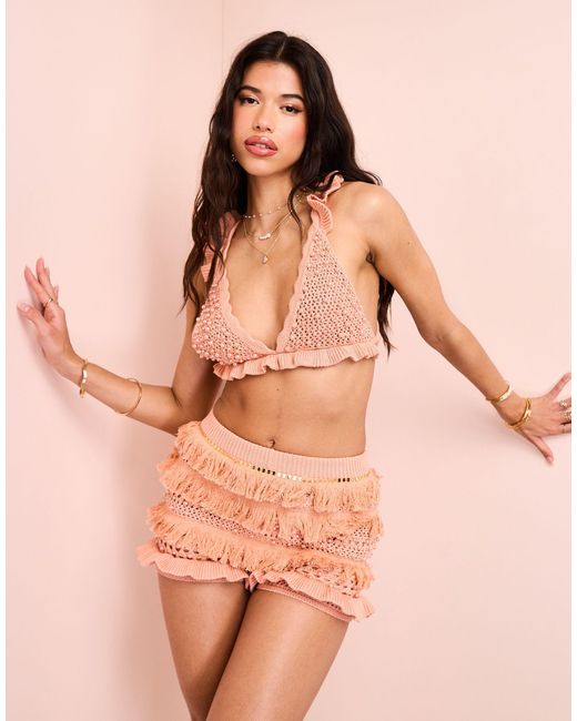 ASOS Natural Co-ord Pearl Embellished Knitted Crochet Bralet