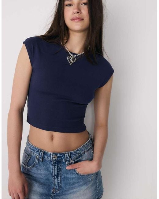 Stradivarius Blue Basic Fitted Cropped T-shirt