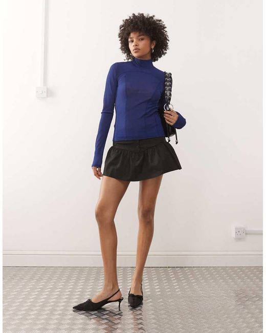 Weekday Blue High Neck Mesh Long Sleeve Top
