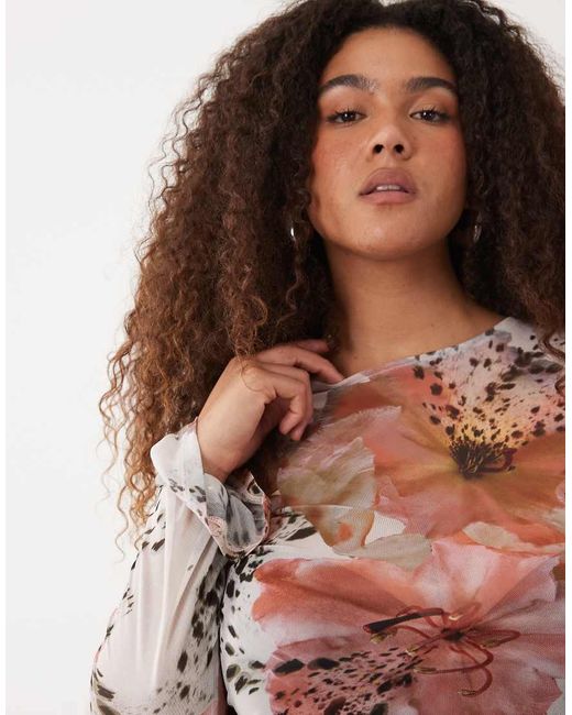 ASOS Brown Asos Design Curve Sheer Mesh Flare Long Sleeve Top