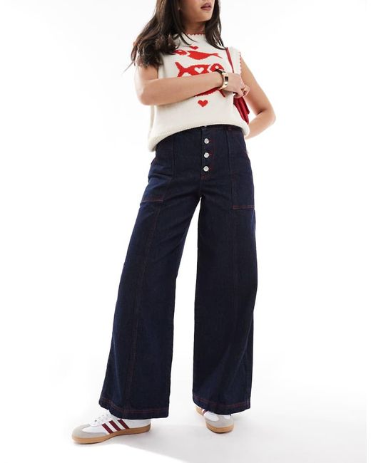 ASOS Blue Wide Leg Denim Jeans With Red Stitching