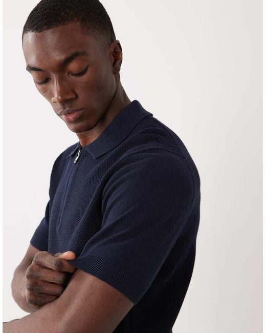 Mango Blue 100% Cotton Waffle Knit Quarter Zip T-shirt for men