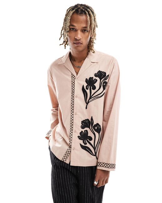 Reclaimed (vintage) Pink Long Sleeve Revere Shirt With Embroidery for men