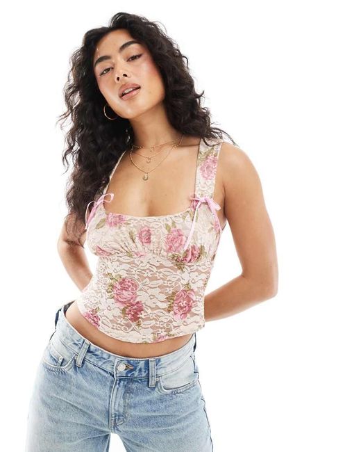 Miss Selfridge Pink Printed Lace Bow Detail Floral Corset Top