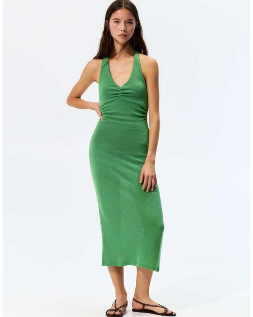 Pull&Bear Gebreide Midi-Jurk Met Halternek in het Green