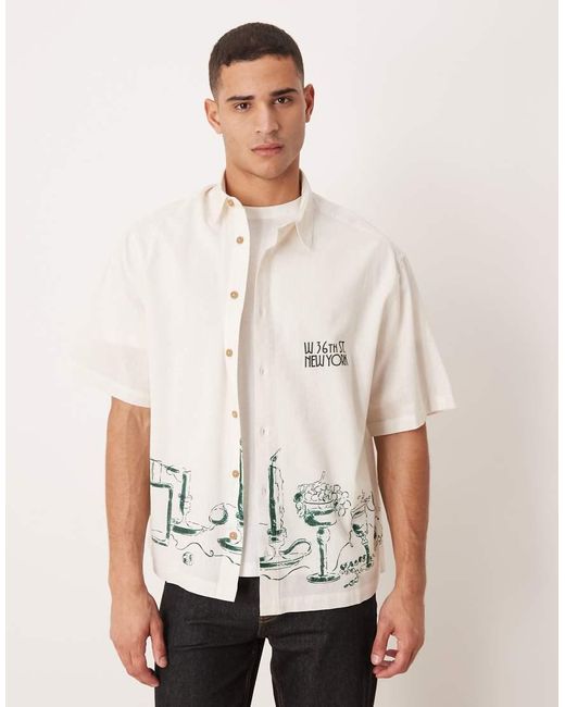 ASOS Natural Oversized Shirt With Linen With Placement Print for men