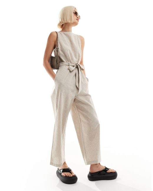 Monki White Linen Sleeveless Jumpsuit With Tie Belt Detail