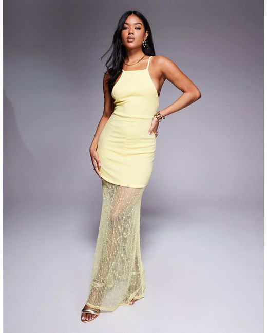 Robe longue à basque avec col montant, corsage imprimé et jupe transparente - citron ASOS en coloris Blue